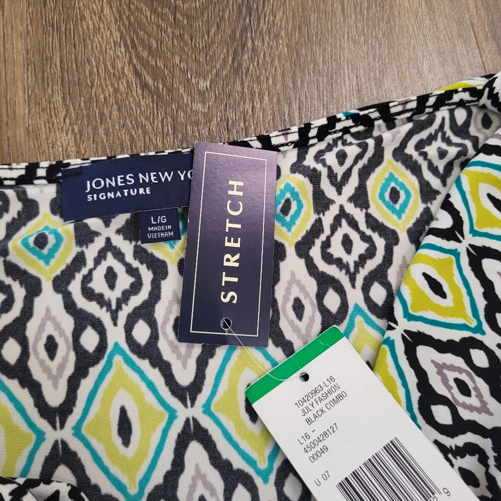 Jones New York Geometric Print Dress Large Stretch Knit Modest Career New Office - Picture 6 of 11